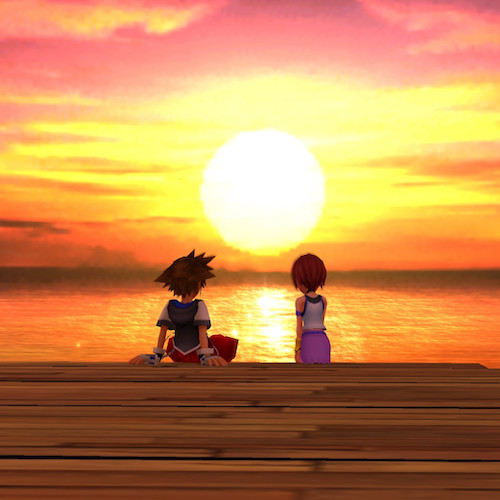 Kairi and Sora sit on a pier looking out to the sunset.